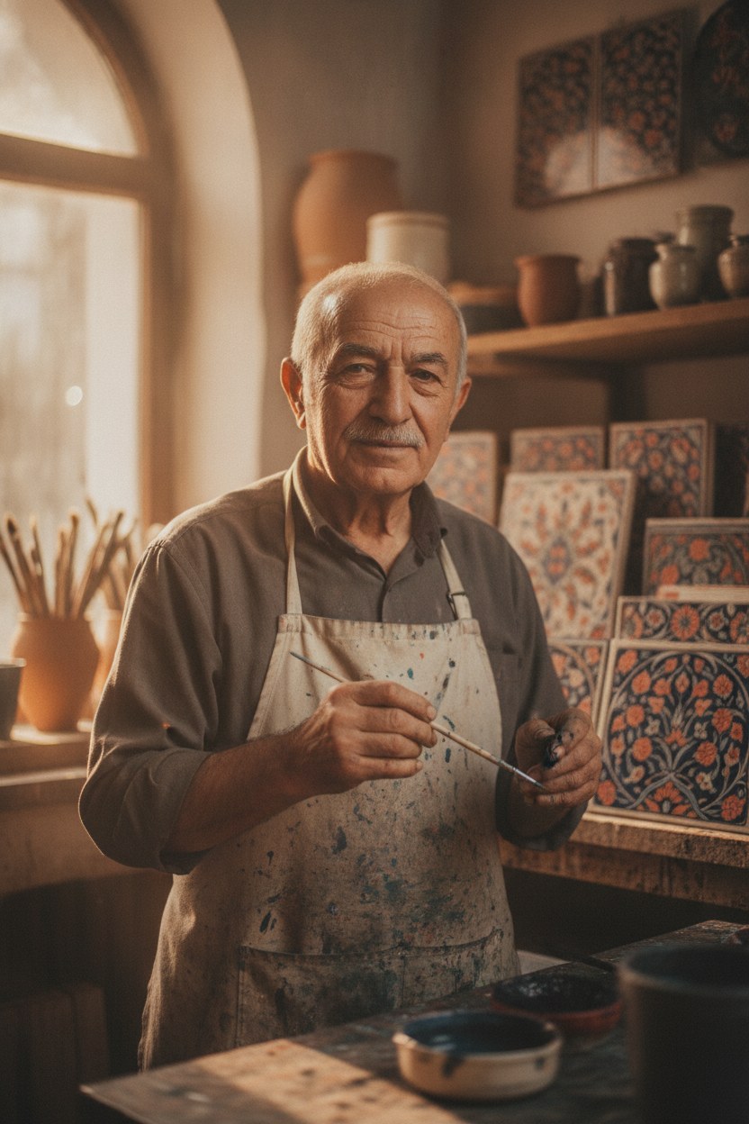 Usta çini karoyu elde fırçayla boyarken